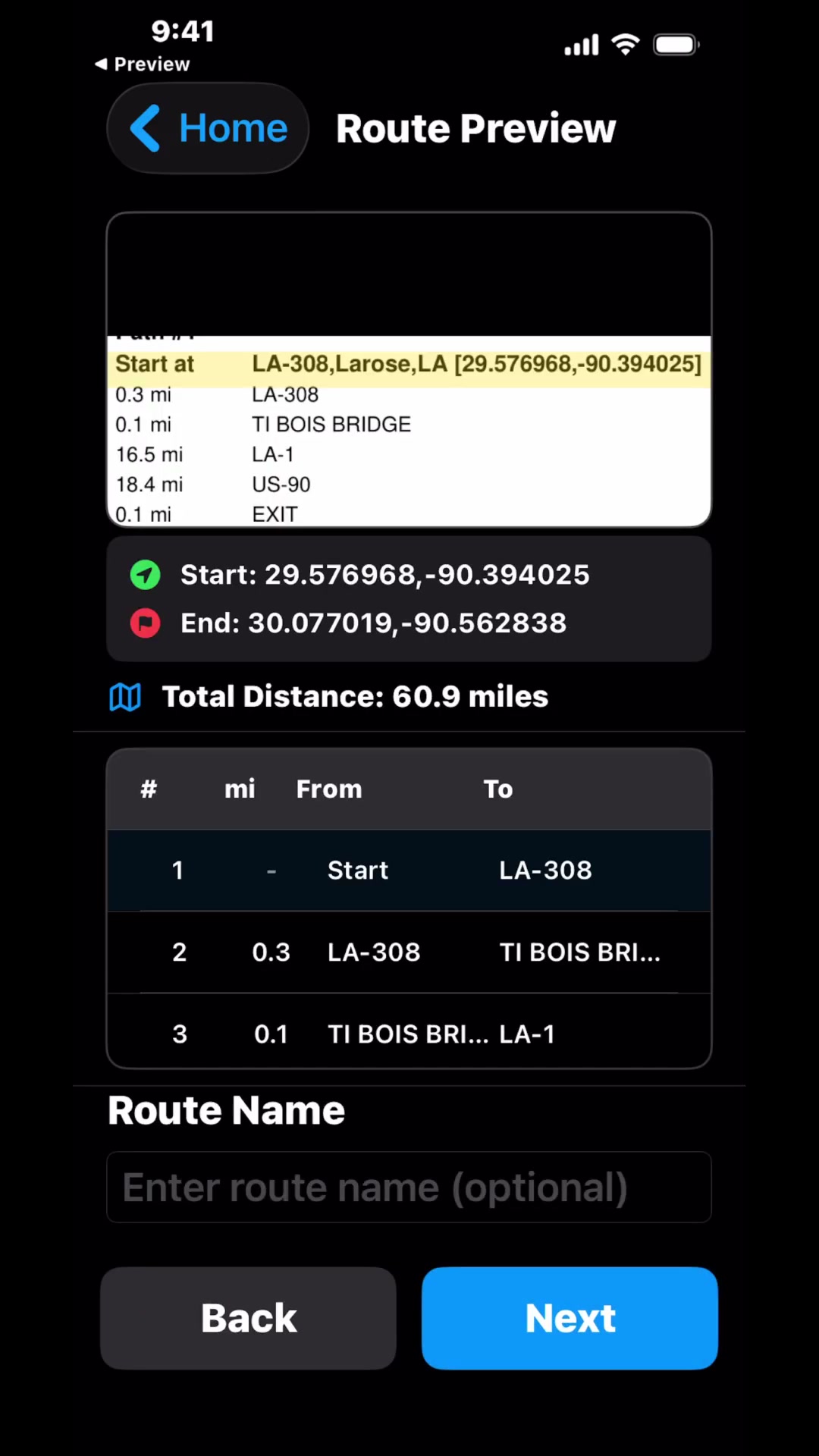 Route preview with instruction table